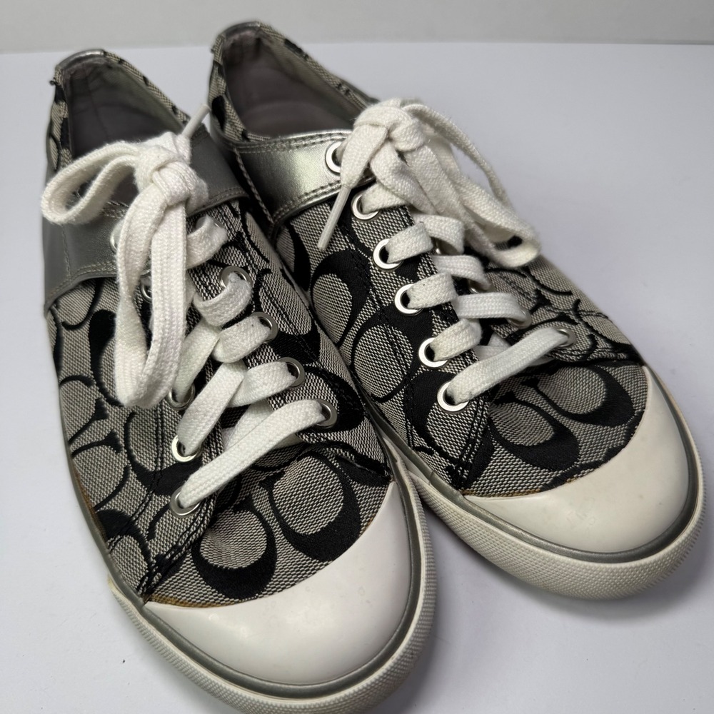 Coach Bobbey Black Signature Canvas Low-Top Sneakers Silver Accents Women's 6B